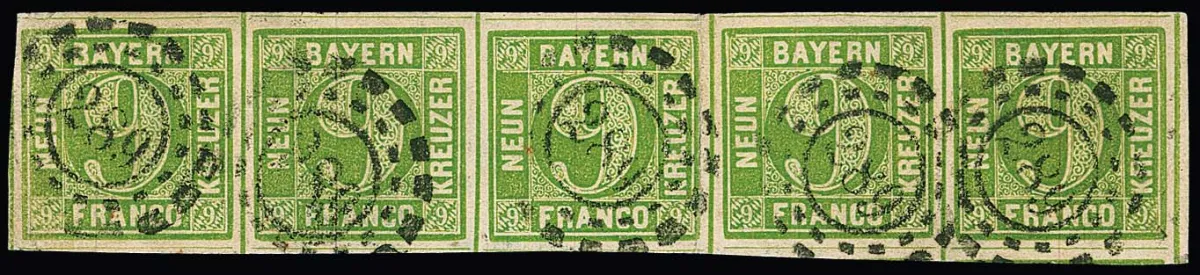 9 Kr. grün, allseits teils sehr breit- bis überrandiger Fünferstreifen (4. Marke Type II, sonst Type III) mit oMR "289" (Lindau). Bei der 3. Marke rechts…