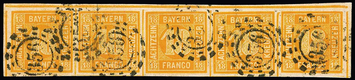 18 Kr. orange, horizontal, very wide-margined cabinet strip of five from the top margin with oMR "356" (Nuremberg), all margin lines at top including the two sheet corners complete. A rare and decorative unit. Certificate Brettl, signed Köhler. Mi. strip of four 7500,-
