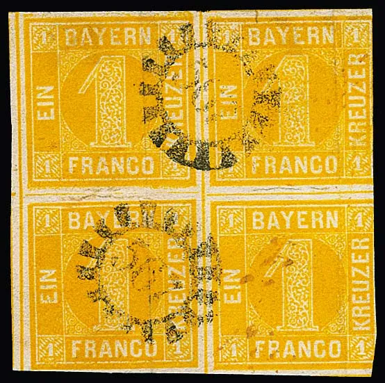 1 Kr. jaune-orange, rare bloc de quatre oblitéré avec gMR "567" (Weinheim). Légères traces de plis verticalement dans la paire de droite et celle-ci coupée à droite, certificat Brettl. Mi. 3000,-
