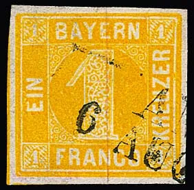 1 Kr. jaune-orange, bonne plaque II avec coins "ronds" ou biseautés, pièce de cabinet à larges marges de tous côtés oblitérée par L2 d'Amberg. Un timbre toujours manquant. Certificat Sem. Mi. 2000,-