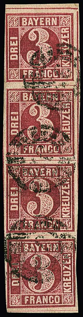 3 Kr. dieprood, zeldzame verticale prachtstrook van vier, zeer ongebruikelijk als verticale eenheid, gesigneerd Brettl met certificaat "onberispelijk". Mi. 1800,-
