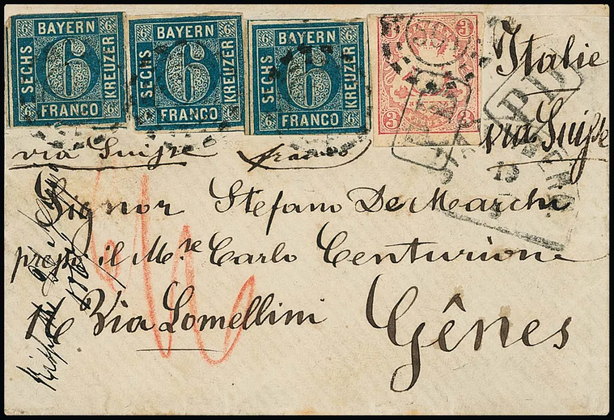 6 Kr. blue, three examples (small marginal defects) in mixed franking with coat of arms 3 Kr. pink on small lady's cover (back missing part of upper quarter flap)…