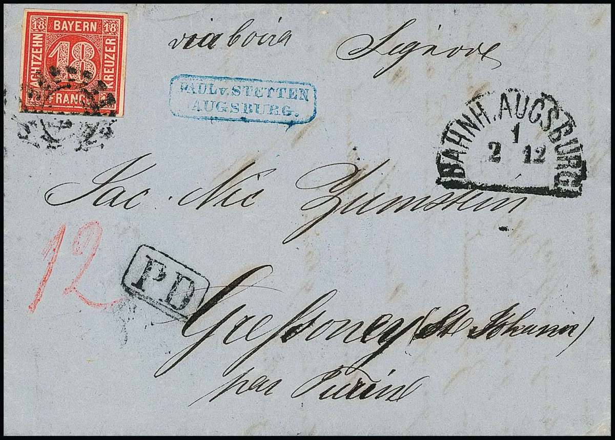 18 Kr. rouge cinabre, pièce de cabinet en affranchissement simple sur lettre étrangère avec léger oMR "28" et HK "Bahnh. Augsburg" 1863 vers Gressoney/Piémont (Sardaigne),…