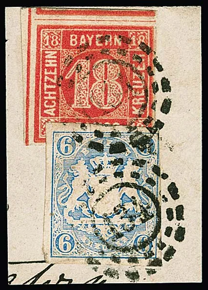 18 Kr. orangerot, überrandiges Kabinettstück in Mischfrankatur mit Wappen 6 Kr. hellblau (re. oben winzig berührt) auf Briefstück mit oMR "134" (Frankenthal).…
