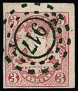3 Kr. rose avec oMR "917" (Kirchheim a. Eck) très clairement frappé et très rare. À gauche en marge, entaille fermée (peu visible), sinon un beau spécimen pour cette rareté de cachet à roue de moulin ! Feuser + 5000,-, signé Pfenninger et certificat Schmitt