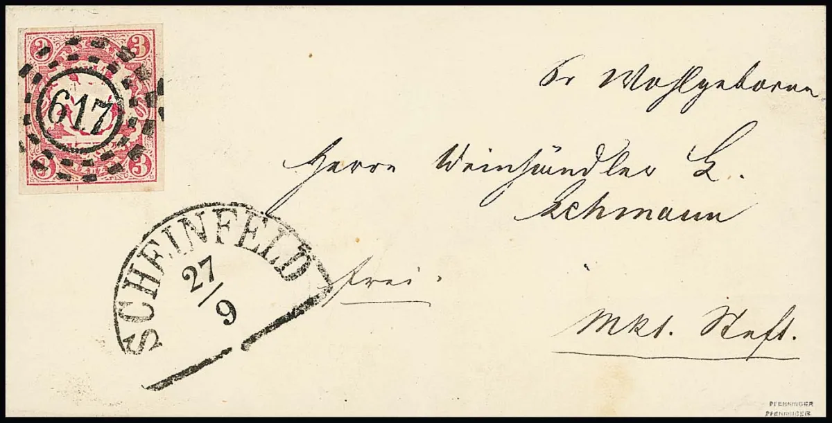 3 Kr. rose sur lettre de luxe avec oMR "617" très clair comme oblitération anticipée et HK latéral "Scheinfeld" pour Marksteft. Le timbre montre toutes les caractéristiques typiques d'une oblitération anticipée, à gauche cachet non débordant et à droite parties des anneaux d'un autre cachet à roue de moulin. Sur l'émission aux armoiries, il s'agirait d'une pièce unique. Signé Pfenninger