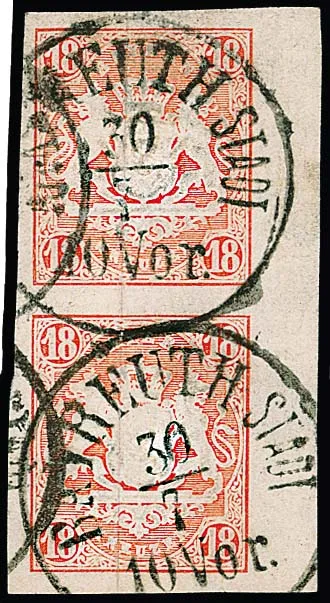 18 Kr. zinnoberrot, seltenes postalisch gebrauchtes rechtes Randpaar mit K1 "Bayreuth Stadt", allseits breitrandig, rechts 6mm Bogenrand. Mi. 1200,- +, sign.…