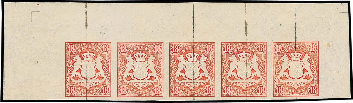 18 Kr. zinnoberrot, postfrischer Oberrand-Fünferstreifen mit bis zu 24,5mm breiten Bogenrändern und beiden Bogenecken, nur im Rand Falzreste, eine dekorative…
