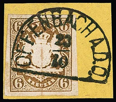 6 Kr. ockerbraun auf gelbem (!) Luxusbriefstück mit idealem HK "Offenbach a.d.O."