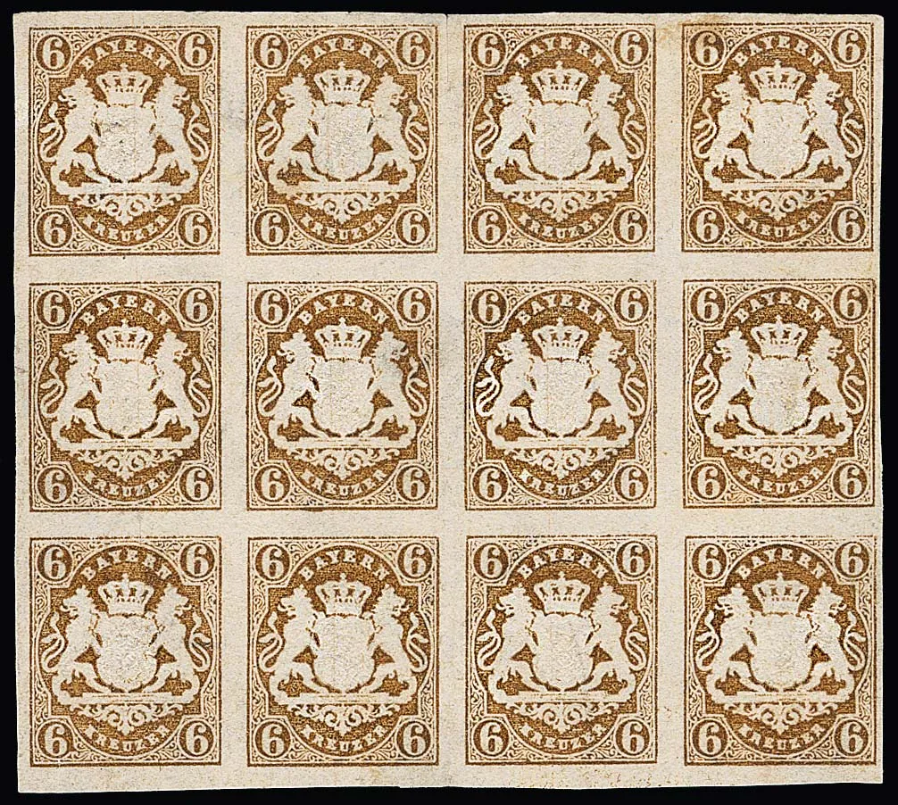 6 Kr. brown, block of 12 unused without gum, one stamp slightly stained, rare