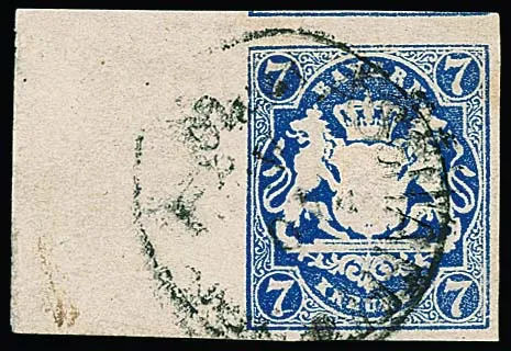7 Kr. dark ultramarine, cabinet piece with 18mm wide left sheet margin, K1 from Aschaffenburg
