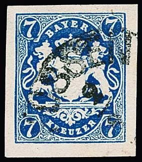 7 Kr. Prussian blue, plate flaw "oval broken at top left", luxury piece, Füssen