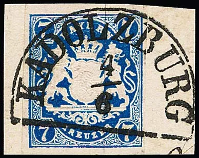 7 Kr. bleu roi, belle couleur, sur pièce de luxe oblitérée, avec HK idéal "Kadolzburg". Pièce de collection ! Signé avec certificat Schmitt. Mi.…