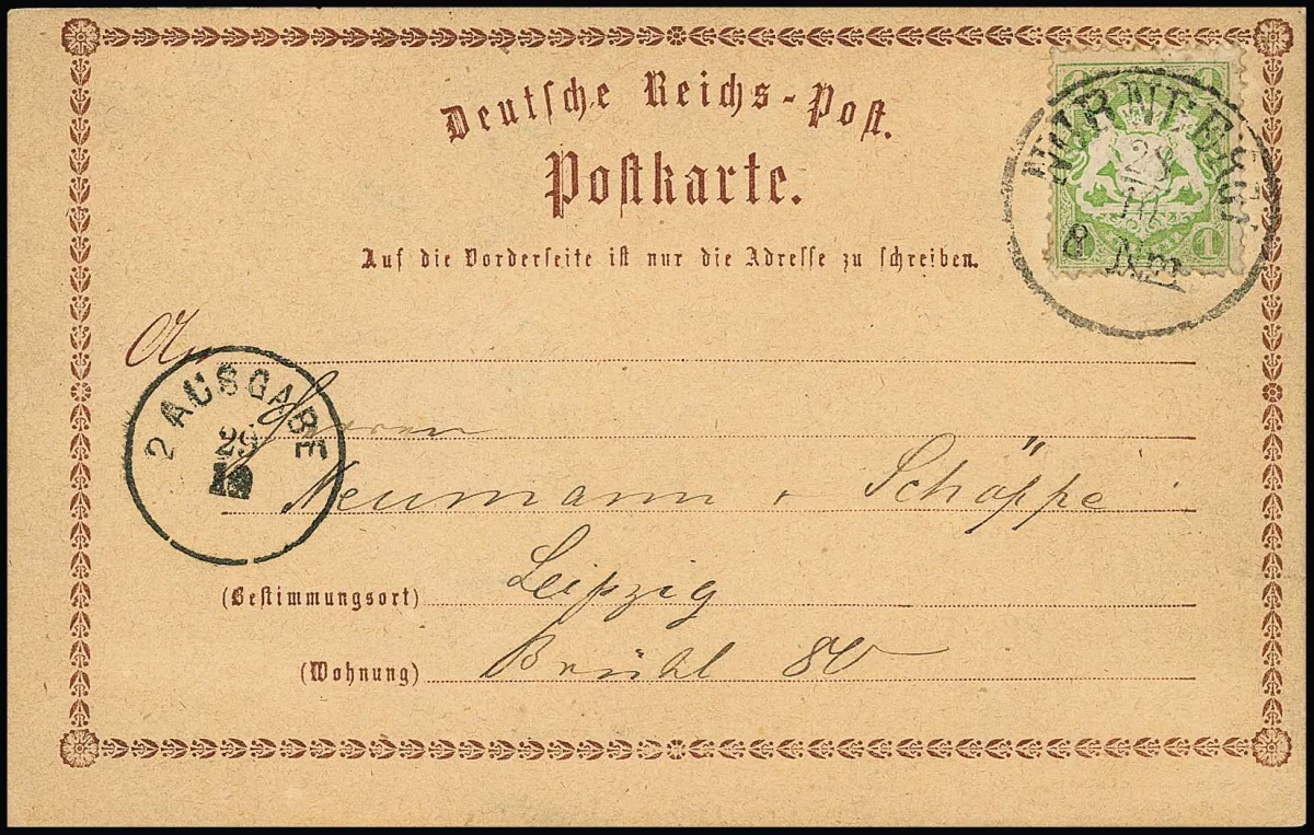 1 Kr. hellgrün, ganz ungewöhnliche Überklebung einer Deutschen Reich-Postkarten-Ganzsache 1/2 Gr. braun (P1), als Postkarte bedarfsmäßig und unbeanstandet…