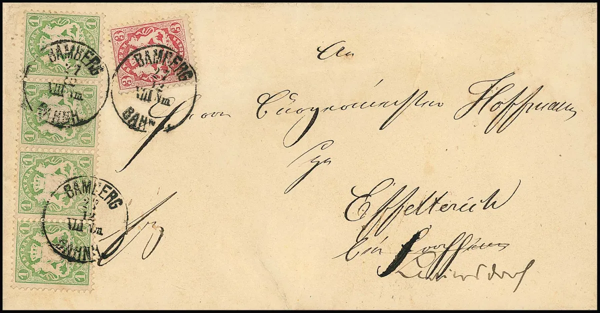 1 Kr. blauwgroen in horizontale strook van vier, samen met 3 Kr. roze, op brief met K1 "Bamberg Bahnh." naar Effelterich. Zeldzame frankeringcombinatie. Certificaat Sem.