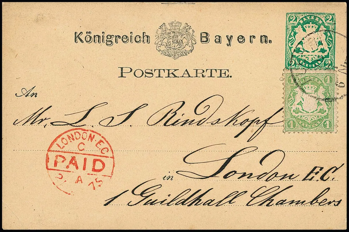 1 Kr. vert clair (dent d'angle supérieur droit légèrement émoussée) sur carte entière 2 Kr. verte avec K1 "Fuerth" pour Londres, 19.7.1875. Période tarifaire rare. Photo exp. Brettl.