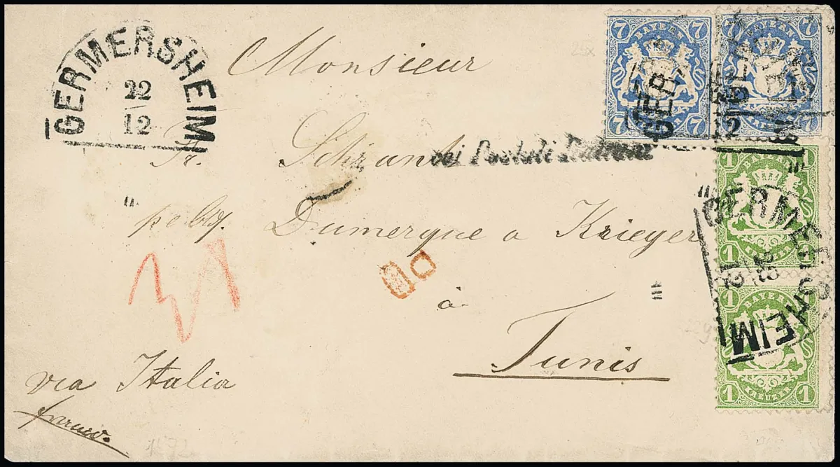 1 Kr. gelbgrün, Wasserzeichen "weite Rauten", und 7 Kr. mattultramarin, Wz. "enge Rauten", jeweils per zwei, perfekte Exemplare auf Couvert (rs. unbedeutend…
