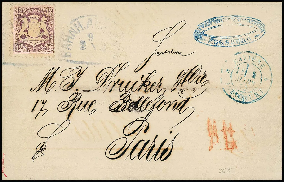 12 Kr. purpur, seltene Einzelfrankatur auf mittig gef. Brief mit blauem HK "Bahnh. Augsburg" 1872 nach Paris. Der Oberrand der Marke ist unauffällig…