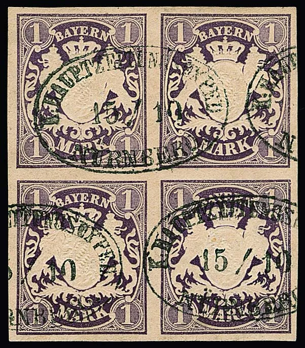 1 Mk. donkerviolet, breedgerande en zeer frisse luxe blok van vier op klein origineel briefstuk met ovaalstempel van de krantenexpeditie van het Neurenbergse hoofdpostkantoor. Een mooie en zeldzame eenheid, gesigneerd Stock en certificaat Brettl. Mi. 2500,-