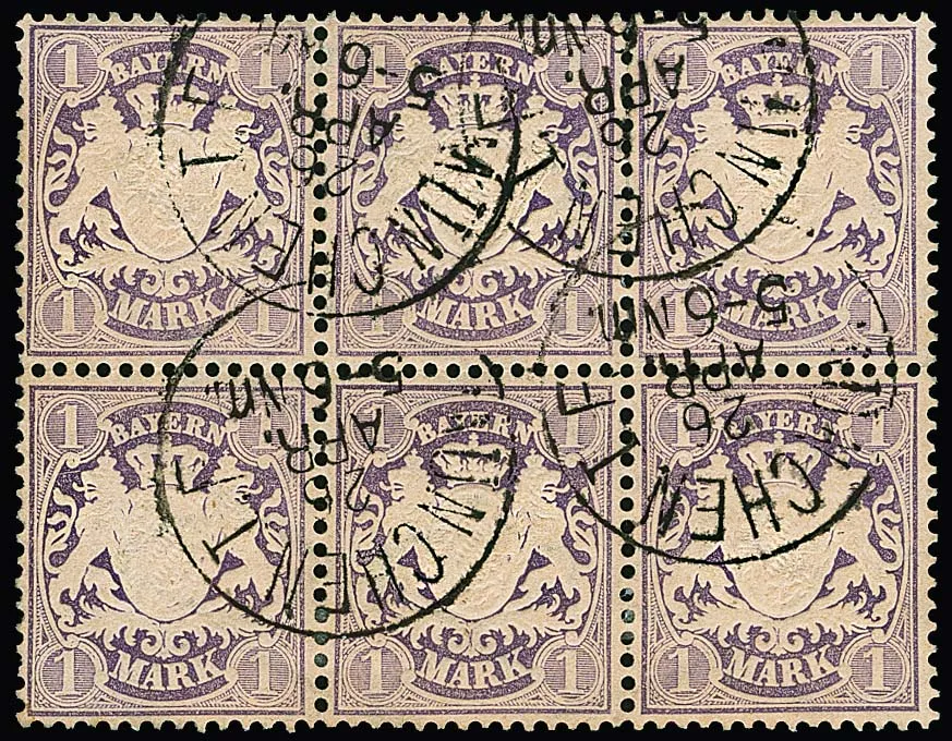1 Mk. purperviolet, kabinetblok van zes met K1 van München, goed getand, zeer licht gescheiden. Een zeldzame eenheid (Mi. voor blok van vier 1200,-!), certificaat Brettl