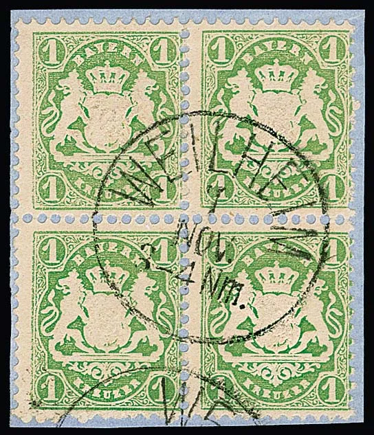1 Kr. vert, filigrane "lignes ondulées", en bloc de quatre sur fragment de lettre de cabinet avec K1 "Weilheim". Une unité rare de cette émission ! Signé Pfenninger et certificat Schmitt. Mi. 1600,-