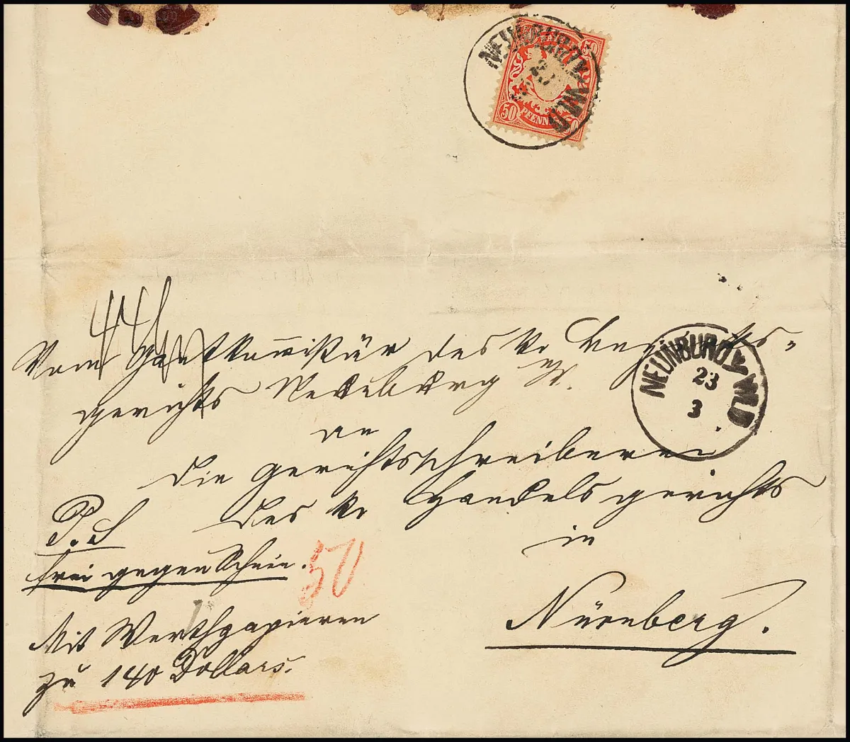 50 Pfg. vermilion red, perfect copy on reverse as rare single franking on registered value letter from Neunburg to Nuremberg, Mi. 2200,-