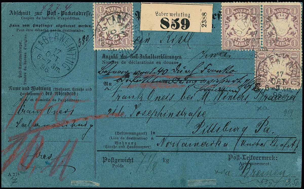 1 Mk. violet, dix exemplaires recto-verso comme affranchissement multiple pur élevé très rare sur carte de colis complète avec K1 "Laberweinting" 1896 vers…