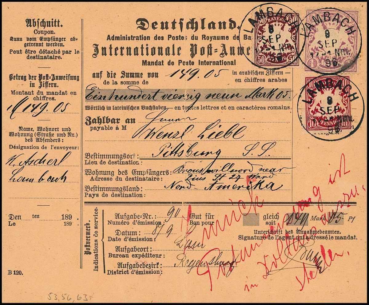 1 Mk. lilas, avec 10 Pfg. rose et 50 Pfg. lilas-brun sur mandat-poste étranger complet (pli médian typique) avec K1 "Lambach" 1896 vers les USA, mais…