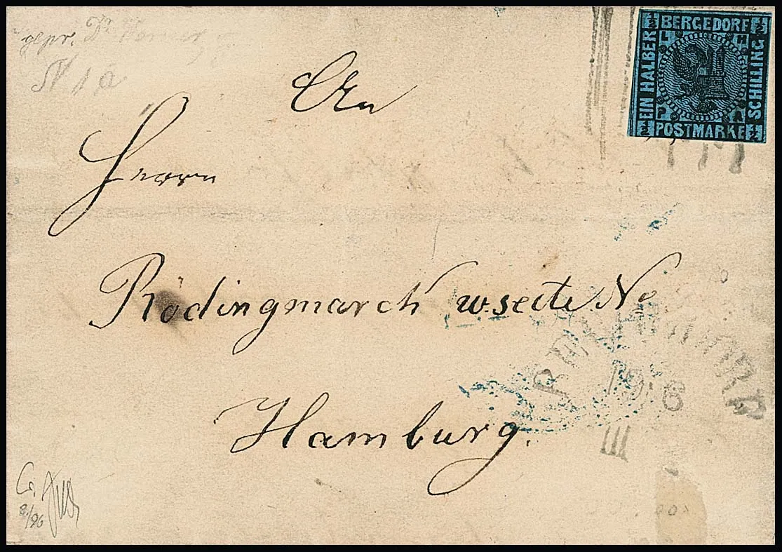 1/2 Sch. black/blue, touched only at bottom, otherwise full-margined example single on small letter to Hamburg (recipient's name erased, as is also the case with the four other letters from this correspondence), dated 19.6.1866, a rare entire, signed Thier, Werner, Decker, and certificate Jakubek. Mi. 5000,-