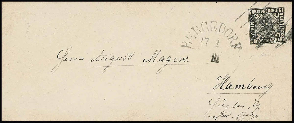 1 Sch. noir, pièce de luxe aux marges exceptionnellement larges avec traits de coupe sur les quatre côtés sur enveloppe de dame de la correspondance "Magers" avec double trait et cachet annexe "Bergedorf" 1866 pour Hambourg.