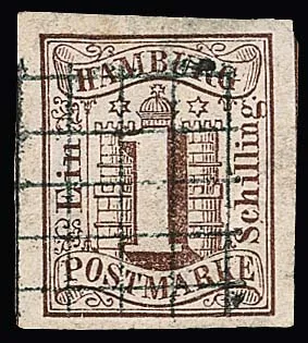 Hambourg 1 Sch. brun, découpé, pièce de cabinet aux larges marges avec net cachet à barres croisées de Bergedorf. Un timbre rare dans cette qualité, certificat Mozek.