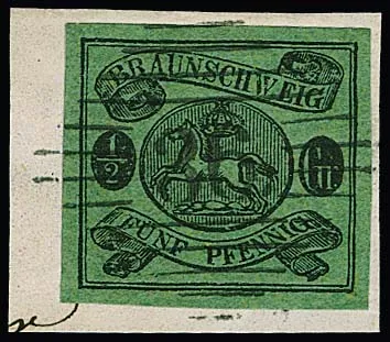 1/2 Gr. black/green, wide-margined, on particularly beautifully cancelled luxury piece with ideal NS "36" (Salder, thin bars), signed Ressel and photo exp. Lange. Mi. 500,- +