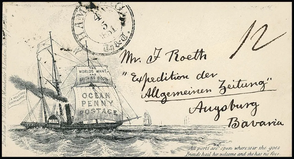 "Hamburg Th. & T.", Taxis-K2 1851 op damescouvert met decoratieve afdruk van een post-oceanstomer.