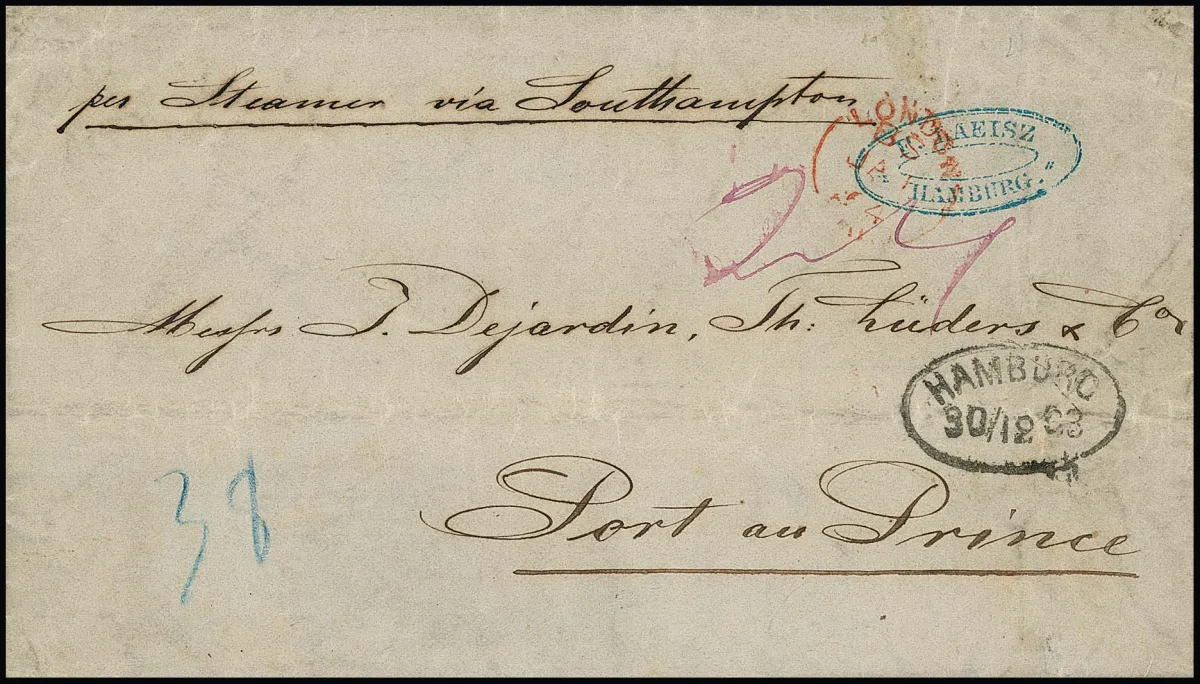 "Hamburg", 1863, Ovalstempel auf seltenem Überseebrief der 2. Gewichtsstufe mit Bartaxe "38" (Schillinge) nach Port Au Prince, Haiti