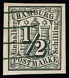 1/2 Sch. black, luxury piece with even wide margins on all sides, clear fine four-bar cancel, multiple signatures and Lange certificate. Mi. 750,-
