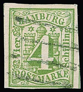 4 Sch. bluish green, cabinet piece with full, mostly wide margins, clear bar cancel, Mehlmann and Engel certificates "impeccable". Mi. 1500,-