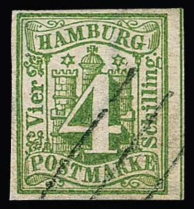 4 Sch. vert bleuâtre, pièce de cabinet aux marges parfois très larges, cachet à traits net. Sign. Grobe, Starauschek et Bühler ainsi que certificat Lange. Mi. 1500,-