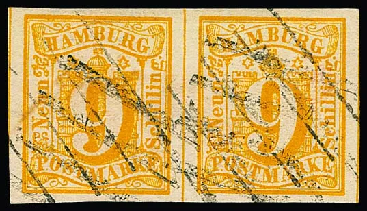 9 Sch. yellow-orange, wide-margined horizontal pair with crossed double line cancel. The right stamp with a really tiny…