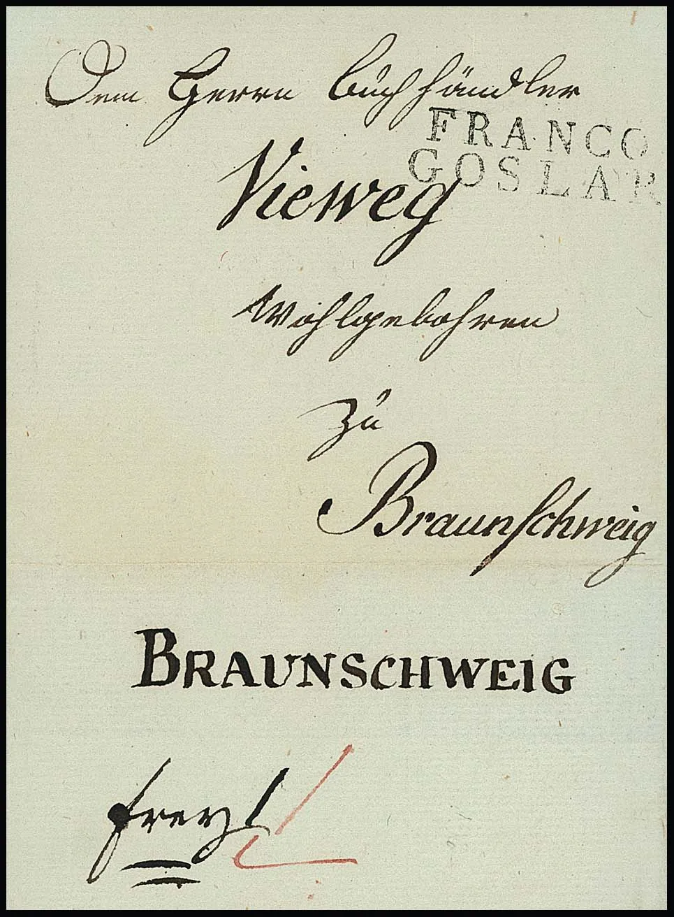 "Goslar", 1808, 6.10., klarer westphäl. L2 "FRANCO GOSLAR" auf dekorativem Kabinettbrief (datierte Hülle) aus Clausthal an den Buchhändler Vieweg in…