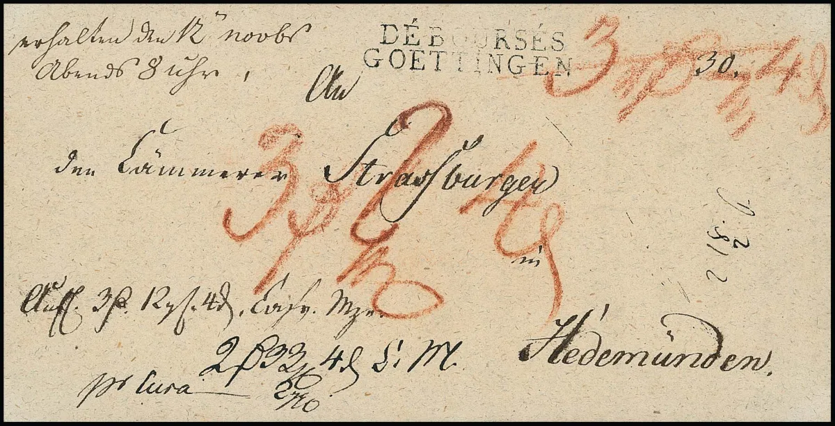 "Göttingen", (1808), very rare L2 "DÉBOURSÉS GOETTINGEN" on front of cabinet letter (with contents, without date, probably 12.11.1808) to Hedemünden, only a few examples are known