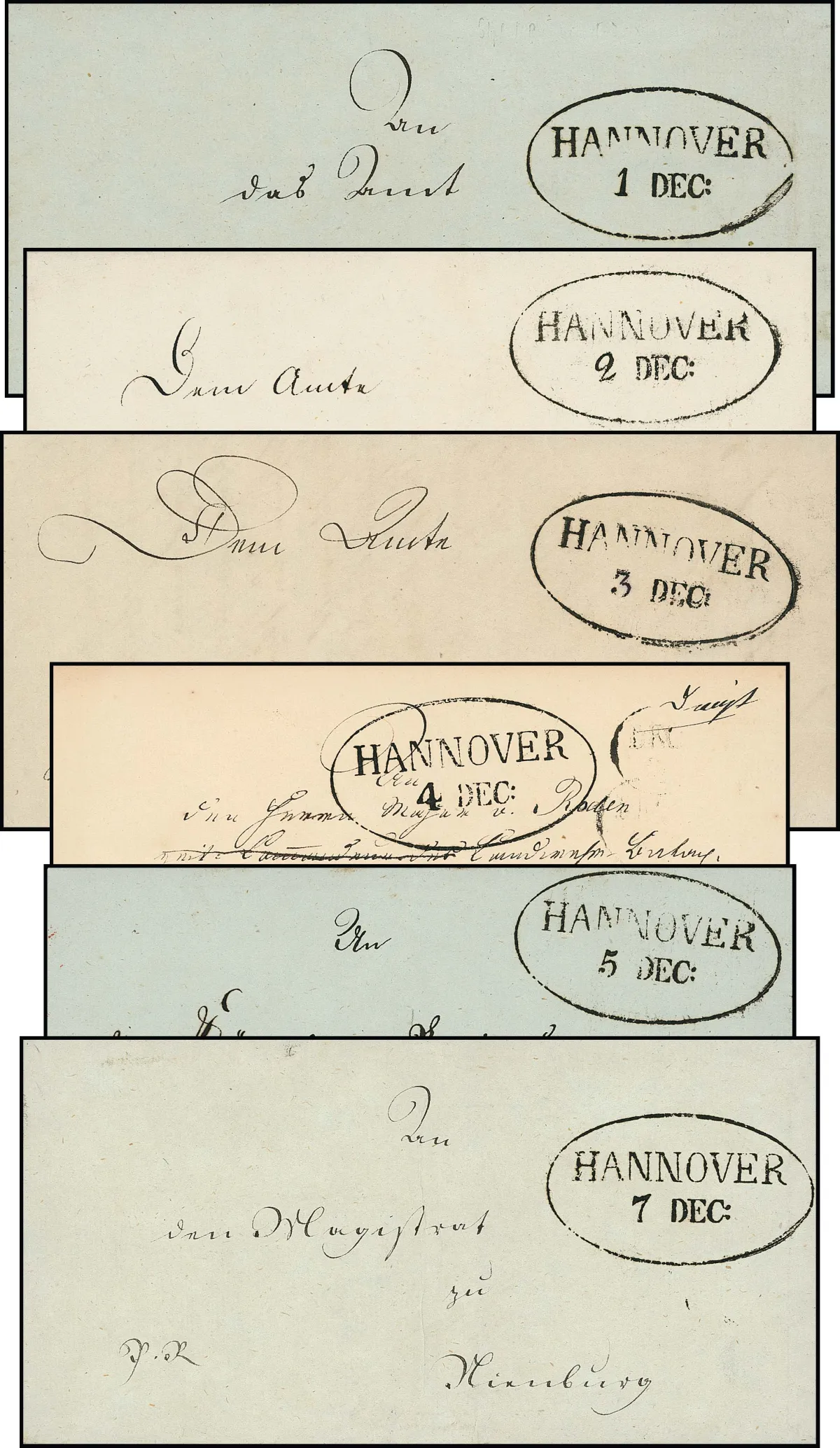 "Hannover", 1817, dobré velké oválné razítko jasně na šesti dopisech, částečně s obsahem. Toto razítko bylo používáno pouze od 1. do 7. prosince 1817 a…