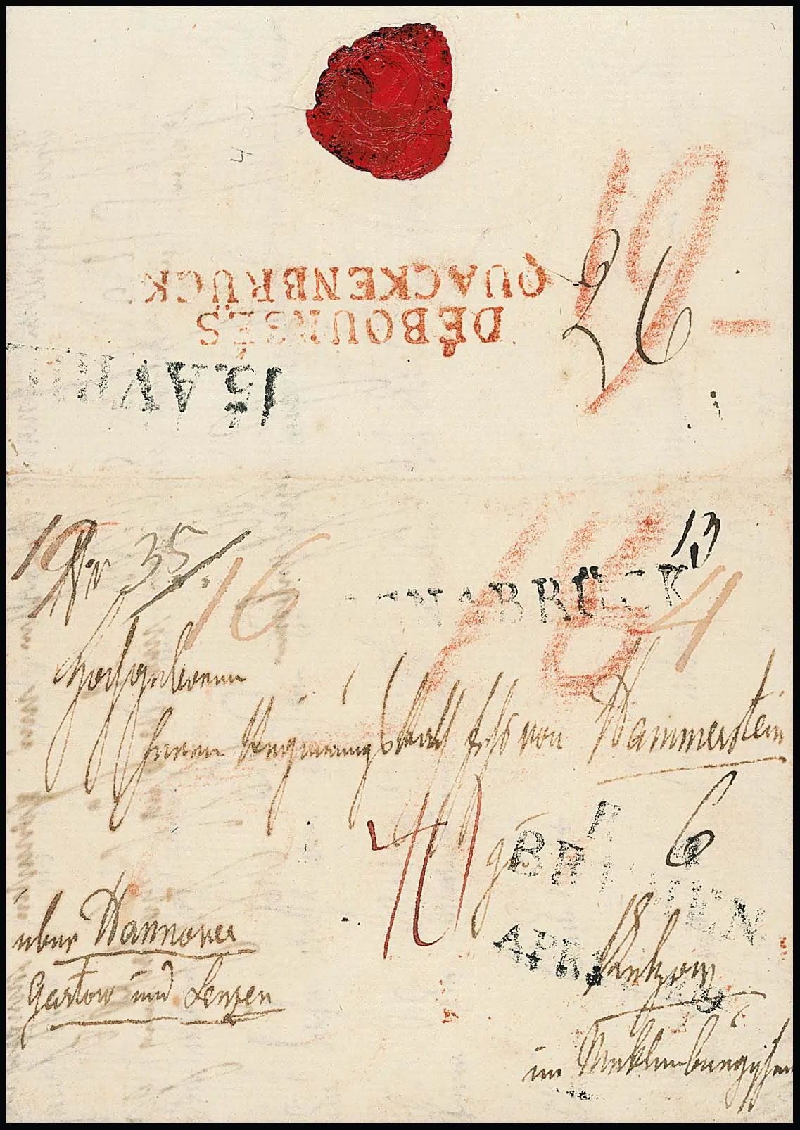 "Quackenbrück", 1809, zeer zeldzame rode L2 "DÉBOURSÉS QUACKENBRÜCK" op prachtbrief met L1 "OSNABRÜCK" en L3 "R.4. BREMEN" naar Pentzow/Mecklenburg, een…