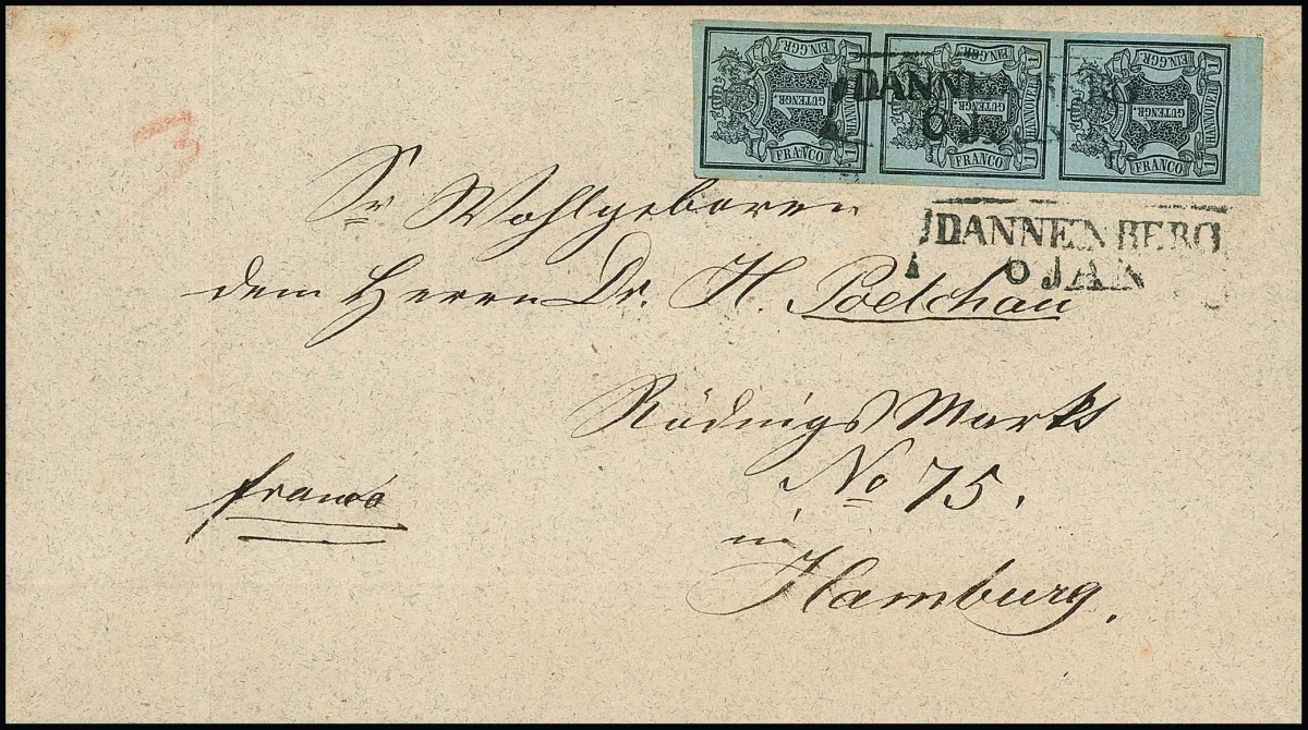 1 Ggr. black/grey-blue, cabinet bottom margin strip of three on folded domestic letter of 3rd weight with Ra2 "Dannenberg" to Hamburg, certificate Berger. Mi. 2500,-