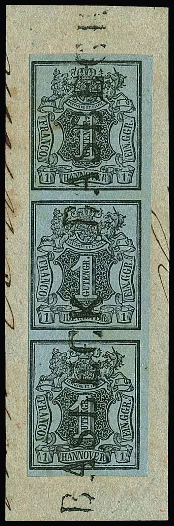 1 Ggr. noir/gris-bleu, bande verticale de trois, marges complètes à larges, sur fragment de lettre de cabinet avec deux L1 complets "Basbeck". Mi. 1000,- +