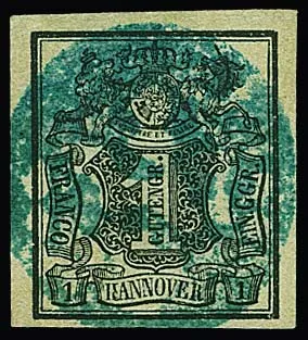 1 Ggr. noir/vert-gris, pièce de cabinet avec cachet de cire bleu centré de Bunde
