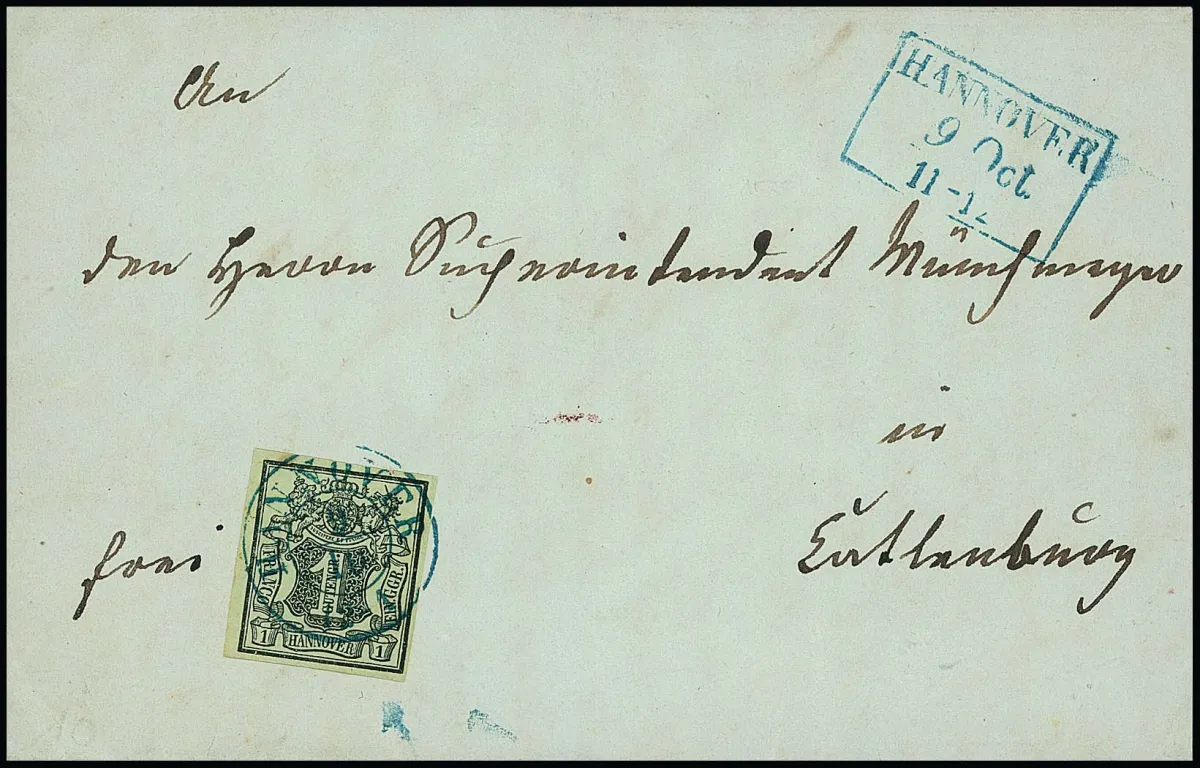 1 Ggr. schw./graugrün auf Kabinettbrief mit K2 "Hannover" (Uhrzeit "12-1"), nebengesetzt jedoch der Ra3 (mit Uhrzeit "11-12"), nach Catlenburg, Brief…