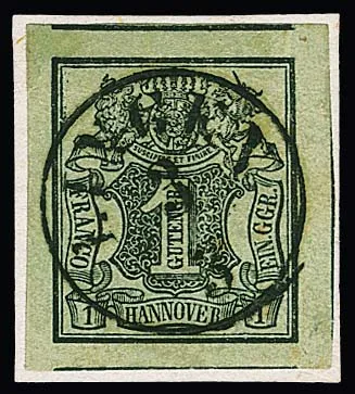 1 Ggr. schw./graugrün, Ausnahme-Schnittriese mit Teilen von Nebenmarken an drei Seiten auf Briefstück mit zentrischem schwarzem K1 "Lingen", sign. Kruschel