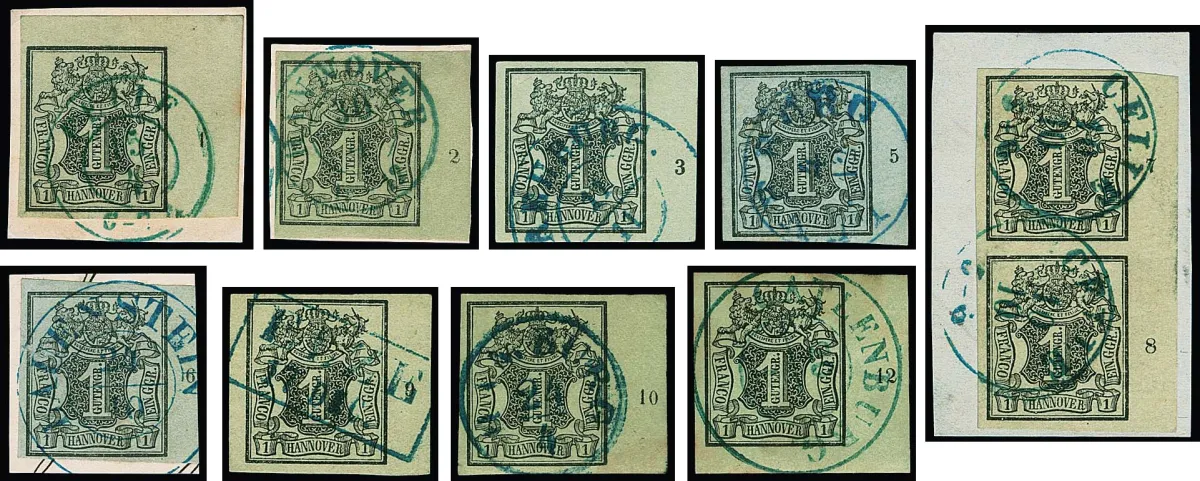 1 Ggr. brun-vert/gris-vert, dix différents bords droits avec les numéros de rangée "1" à "12", sans "4" et "11", complet, "6" petit défaut de marge, deux coins de feuille