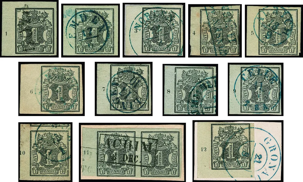 1 Ggr. brun-vert/gris-vert, bande de bord gauche complète avec les numéros de rangée "1" à "12" complets, champ 81 par ex. avec défaut de plaque net dans la marge et sous V de HANNOVER