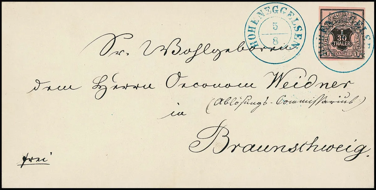 1/30 Th. brun-vert/couleur saumon sur lettre de luxe blanche non pliée, oblitérée de manière exemplaire, avec K2 "Hoheneggelsen" très bien centré vers Braunschweig. Une pièce de collection!